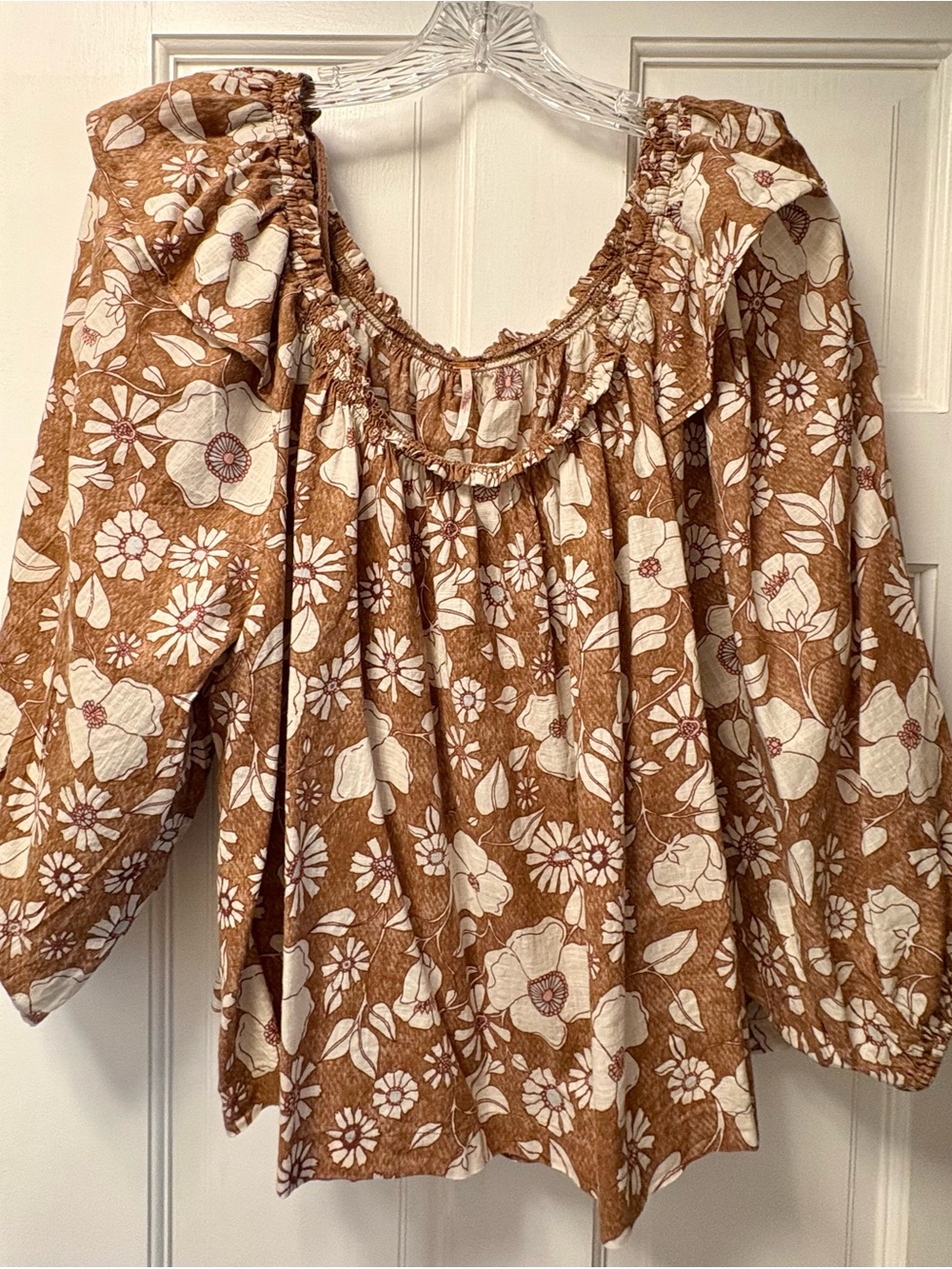 Free People Brown and Cream Floral Peasant Blouse